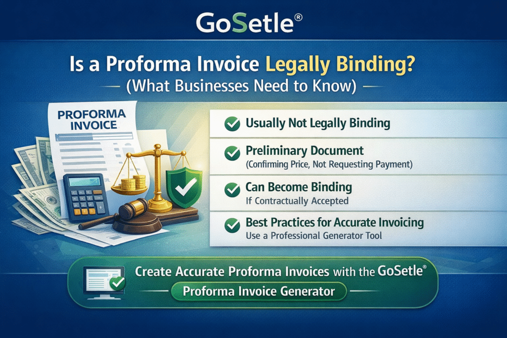 Proforma invoice legal status infographic for businesses – GoSetle The image below explains whether a proforma invoice is legally binding and how businesses should use it correctly.