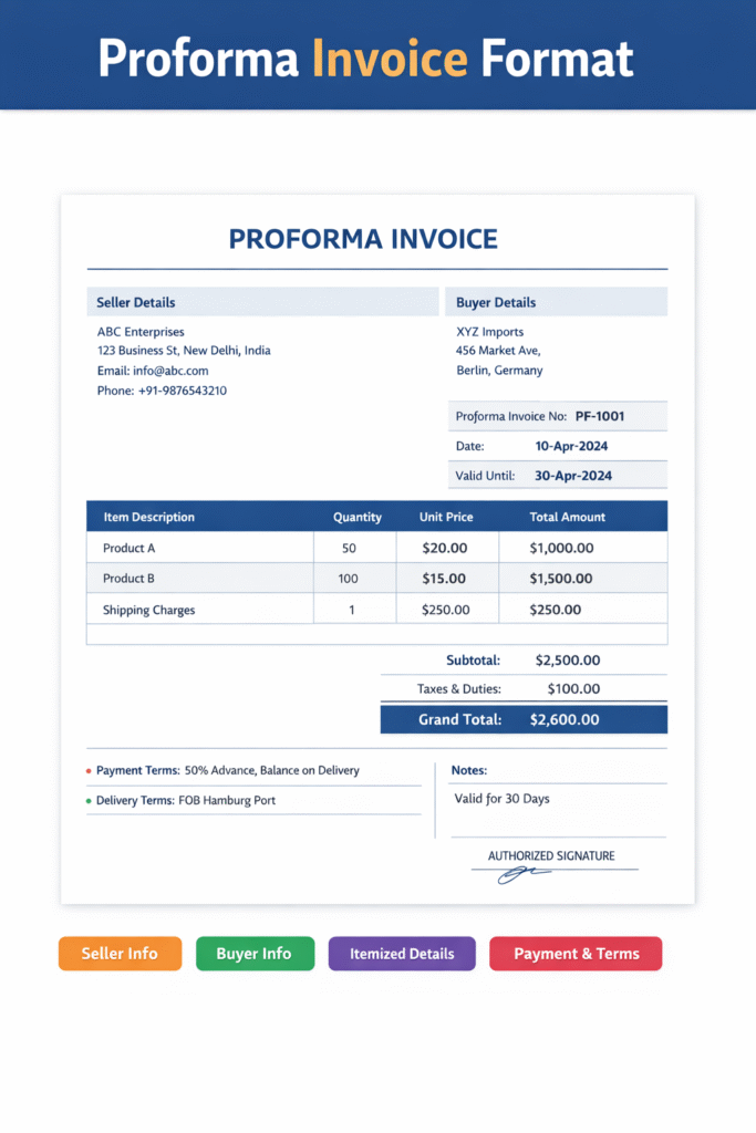 Proforma invoice format example showing seller details, buyer details, item description, quantity, price, payment terms and total amount
