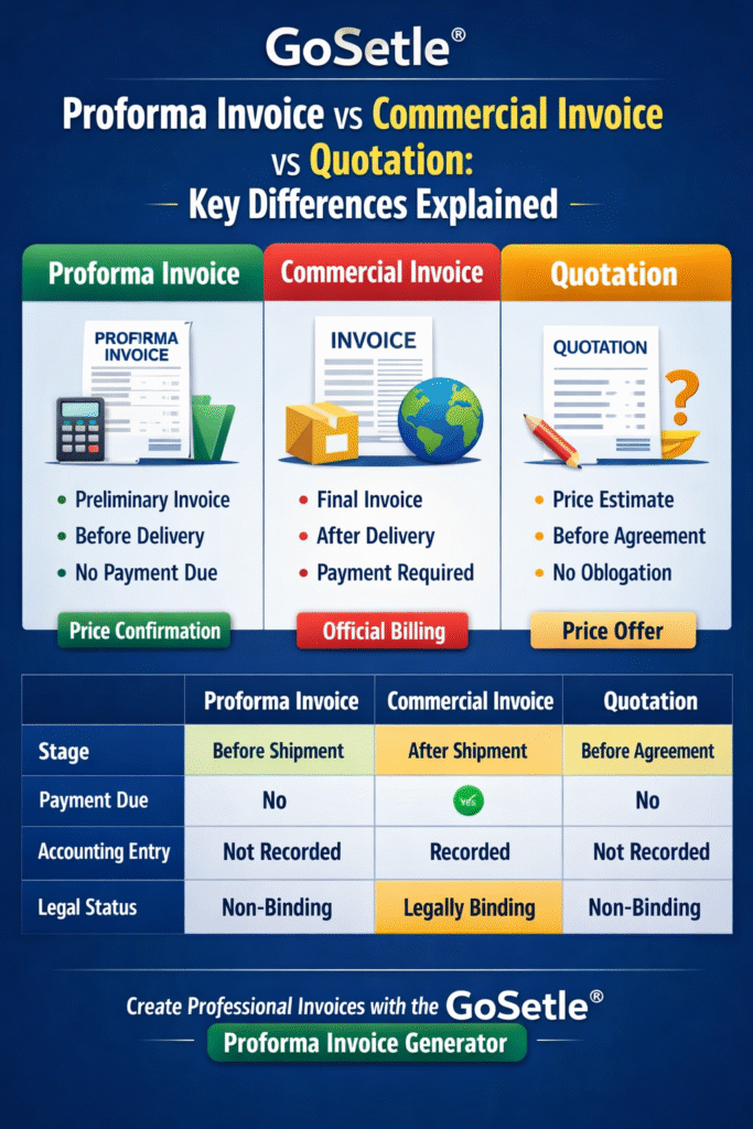 Proforma Invoice vs Commercial Invoice vs Quotation – Key Differences | GoSetle® Proforma invoice vs commercial invoice vs quotation explained with key differences – GoSetle
This infographic by GoSetle® explains the key differences between a proforma invoice, commercial invoice, and quotation. It highlights when to use each document in business and international trade.